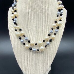 PREMIER DESIGNS Faux Pearls & Black Bicone Double Strand Necklace 17"